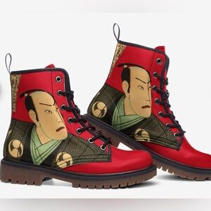 Vegan Leather Y2k Ukiyo-e Combat Boots size 41 90s lace up Red with Japanese Art